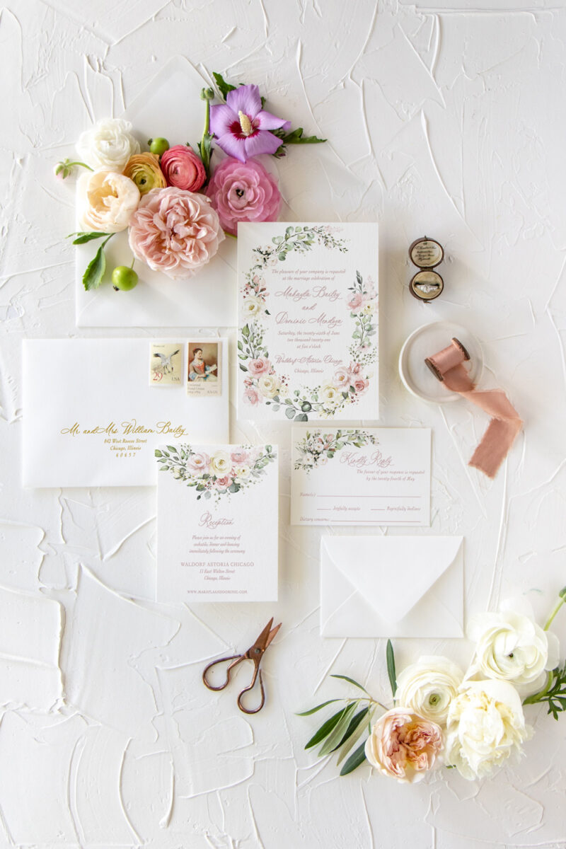 Watercolor floral invitation in Chicago with blush and neutral flowers.