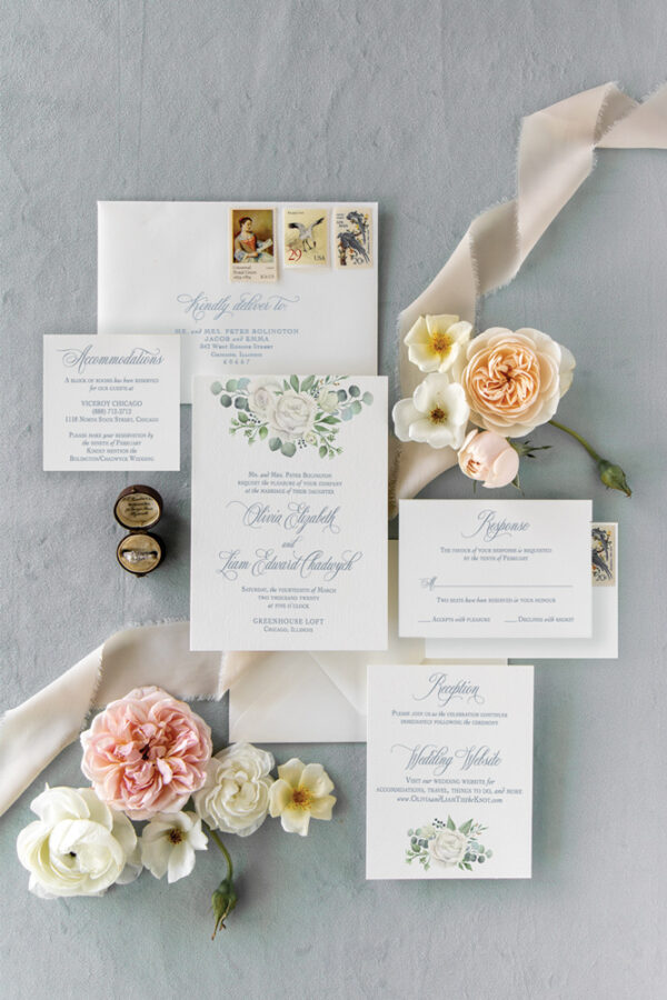 eucalyptus and rose wedding invitation suite