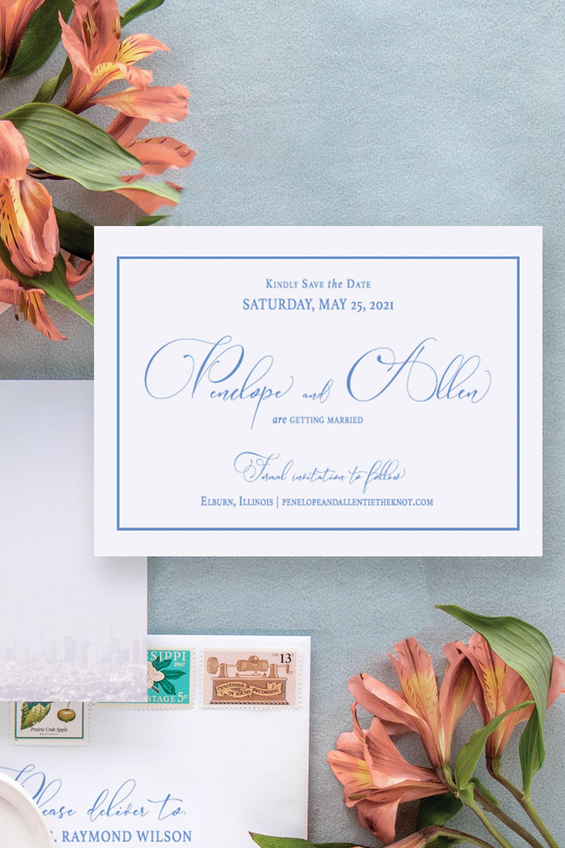 Simple and elegant save the date featuring a simple border and elegant modern calligraphy.