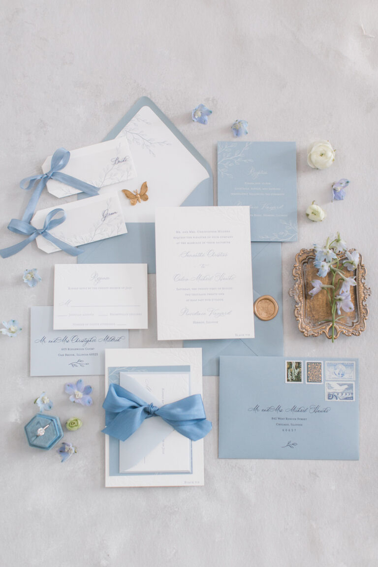 Dusty blue letterpress wedding invitation